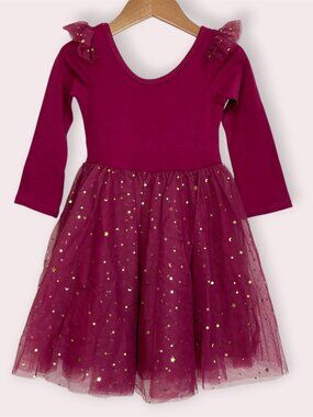 NWT Elestory Ballerina Dress berry tulle gold star flutter sleeve size 3T
